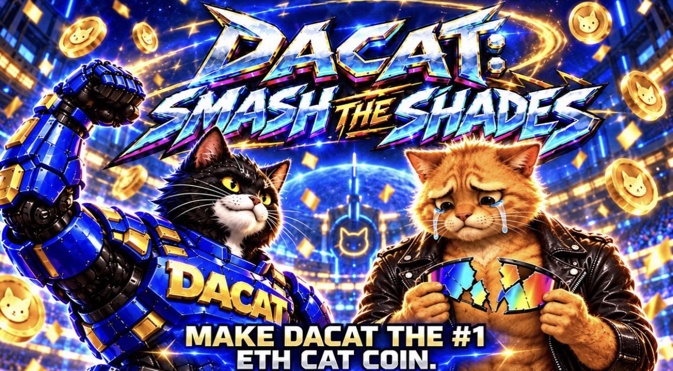 DACAT: SMASH THE SHADES — armored daCAT and an orange cat holding broken sunglasses in a neon arena
